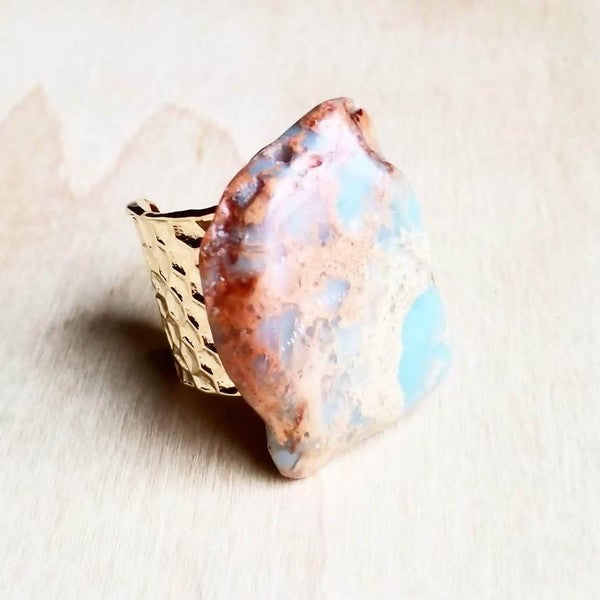 Chunky Aqua Terra Slab on Hammered Cuff Ring Base - Boho Soho