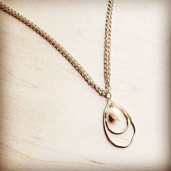 Matte Gold Necklace w/ Double Hoop Pearl Pendant - Boho Soho