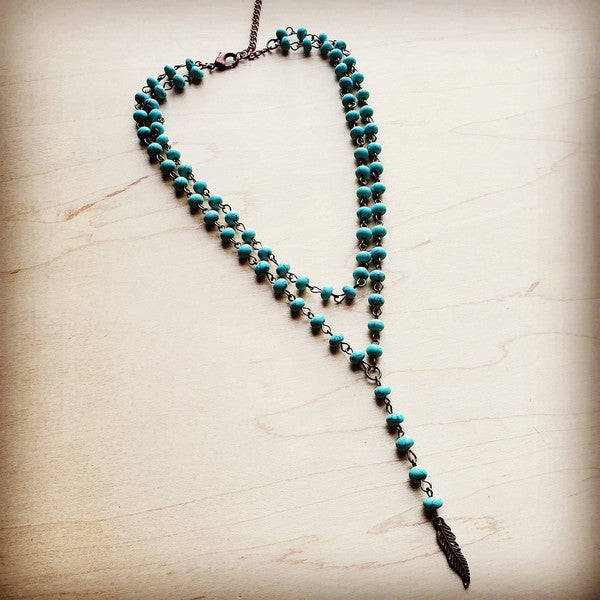 Double Lariat Turquoise Necklace w/ Copper Feather - Boho Soho