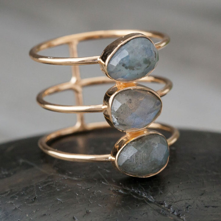 Handmade Gold Plated Labradorite Bar Ring - Boho Soho