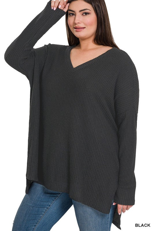 Zenana Plus Size Brushed Thermal Waffle V-Neck Sweater