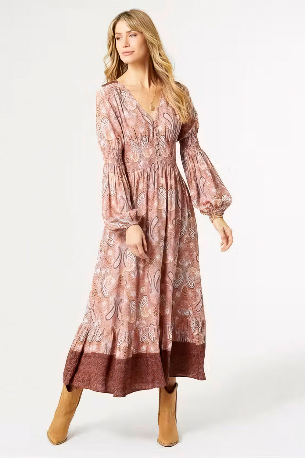 COCO + CARMEN Kyla Long Sleeve V-Neck Dress - Boho Soho