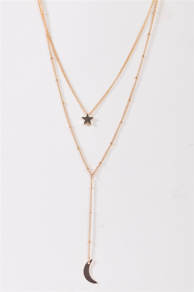 Gold Double Chain With Moon & Star Pendants Necklace - Boho Soho