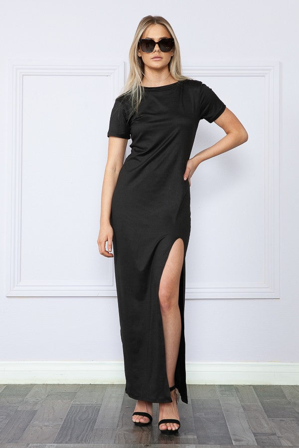 side slit tee dress Black Short Sleeve Side Slit T-Shirt Midi Dress PinkBlush