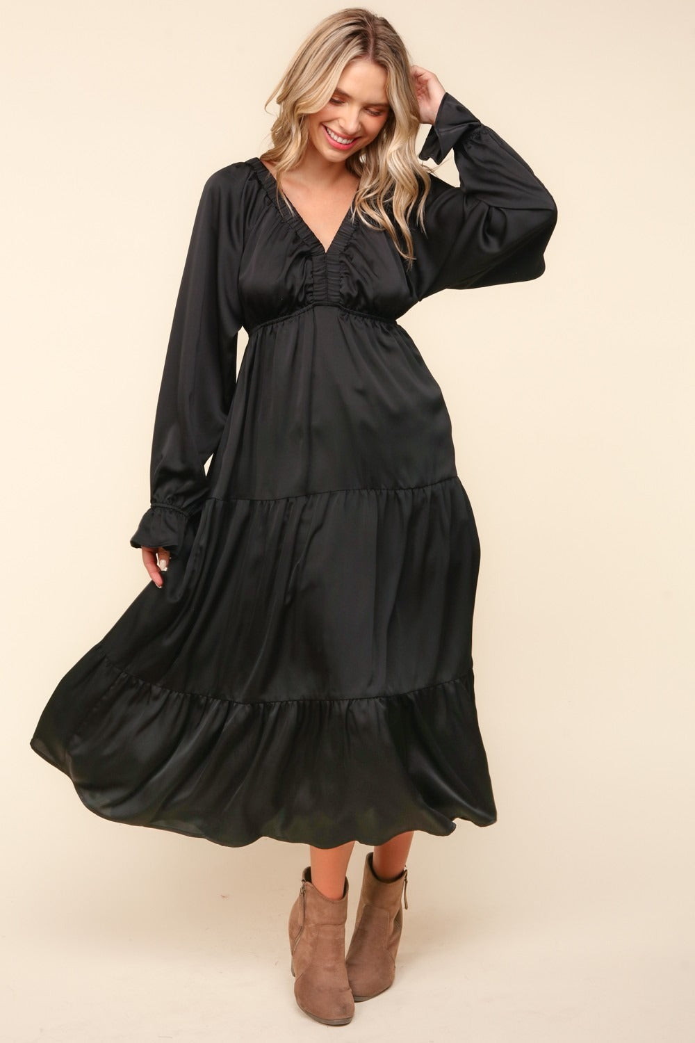 black long sleeve tiered midi dress Haptics Flounce Sleeve Tiered Midi Dress with Pockets