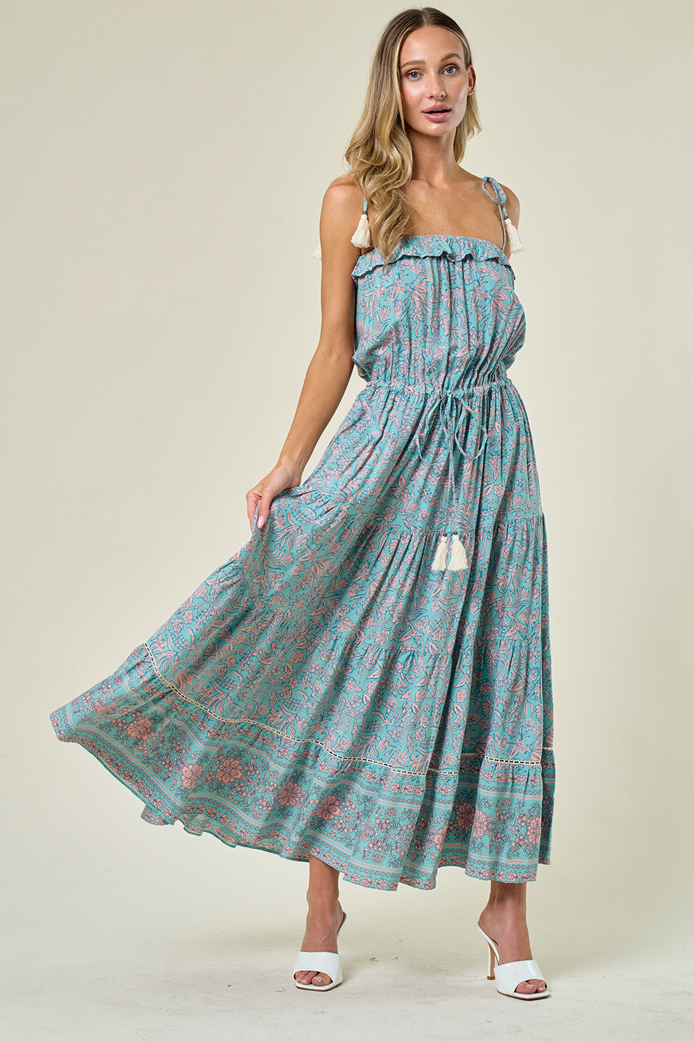 elastic bodice maxi dress Wisteria Lane Boho Border Print Maxi Dress - Final Sale