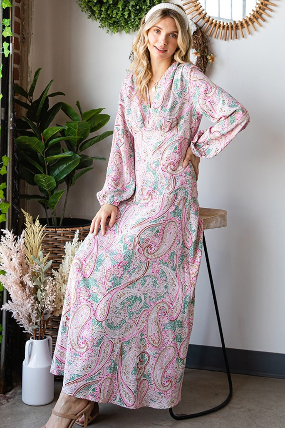 paisley long sleeve maxi dress First Love Paisley Print Tie-Back Long Sleeve Maxi Dress