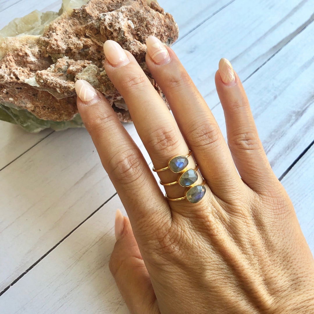 Handmade Gold Plated Labradorite Bar Ring - Boho Soho