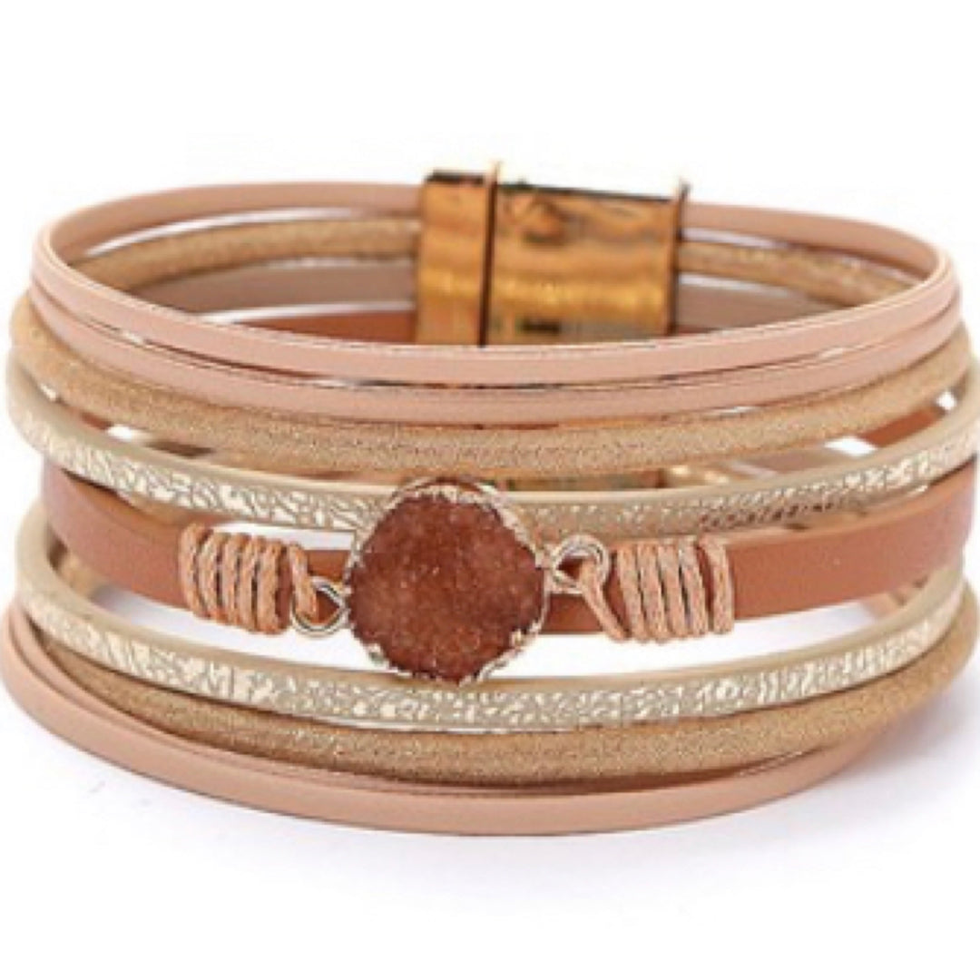 Multi Strand Druzy Detail Leather Bracelet With Magnetic Clasp - Boho Soho