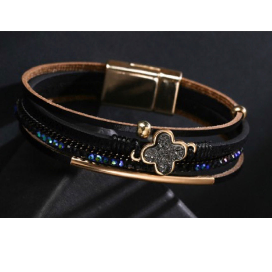 Multi Strand Clover Leather Bracelet with Magnetic Clasp - Boho Soho