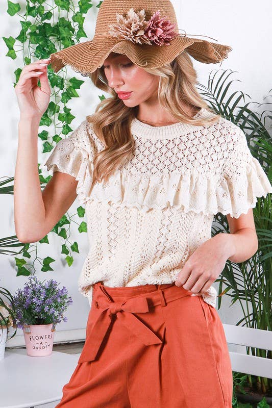 Eyelet Lace Trim Crochet Top - Boho Soho