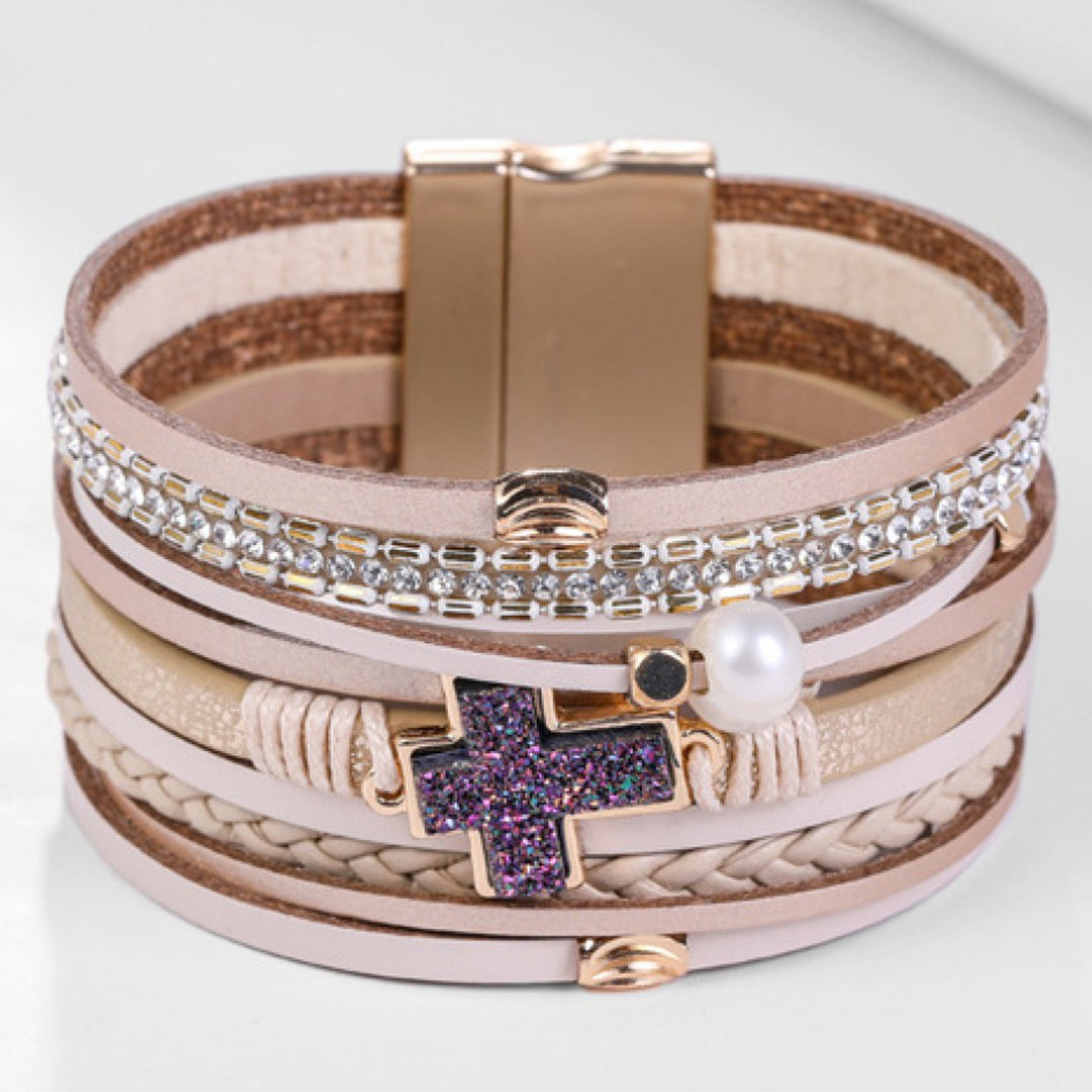 Multi Strand Blue Cross Leather Bracelet with Magnetic Clasp - Boho Soho