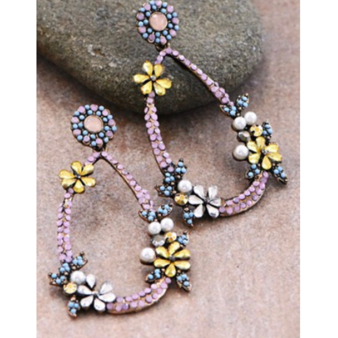 Rhinestone Floral Teardrop Earrings - Boho Soho