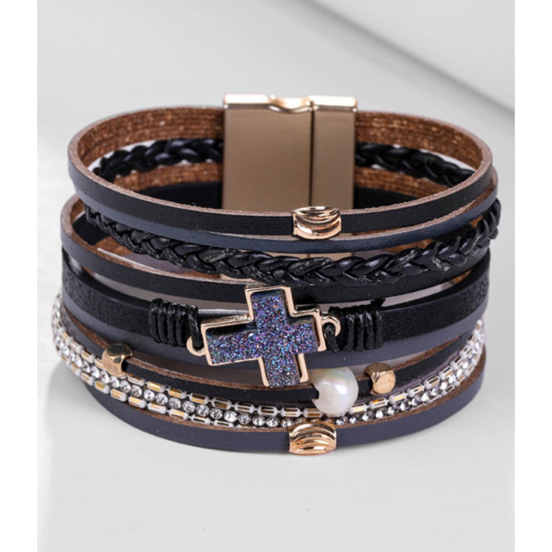 Multi Strand Cross Black Leather Bracelet with Magnetic Clasp - Boho Soho