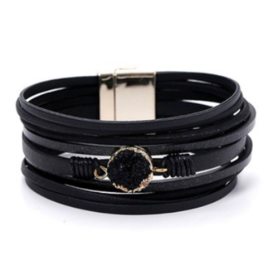Multi Strand Black Druzy Leather Bracelet with Magnetic Clasp - Boho Soho