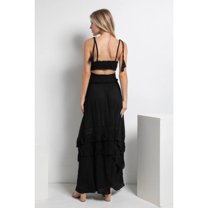 Crinkle Rayon Maxi Dress: Versatile and stylish maxi dress with smocked waist, inner tube top detail, and tassel ties. Crinkle rayon fabric offers a relaxed drape, making it perfect for various occasions. Lined for comfort and coverage. A trendy addition to your wardrobe.