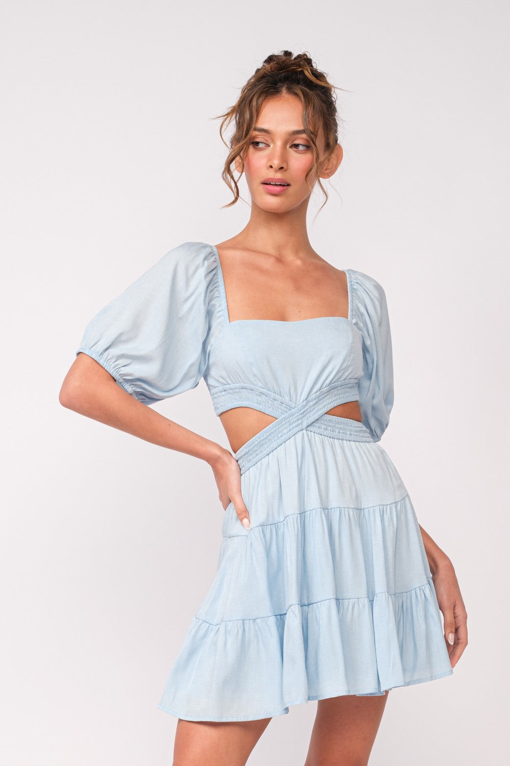 Sky to Moon Puff Sleeve Cutout Dress - Final Sale