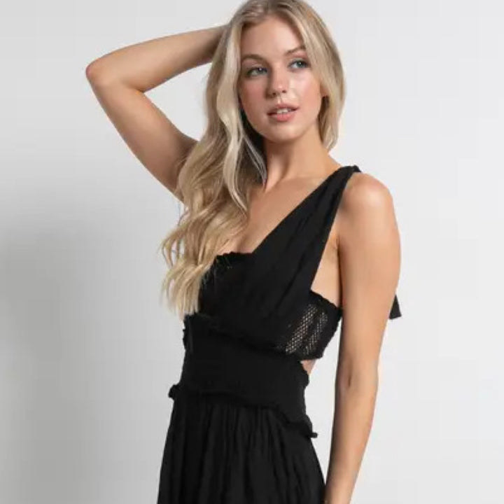 Crinkle Rayon Maxi Dress: Versatile and stylish maxi dress with smocked waist, inner tube top detail, and tassel ties. Crinkle rayon fabric offers a relaxed drape, making it perfect for various occasions. Lined for comfort and coverage. A trendy addition to your wardrobe.