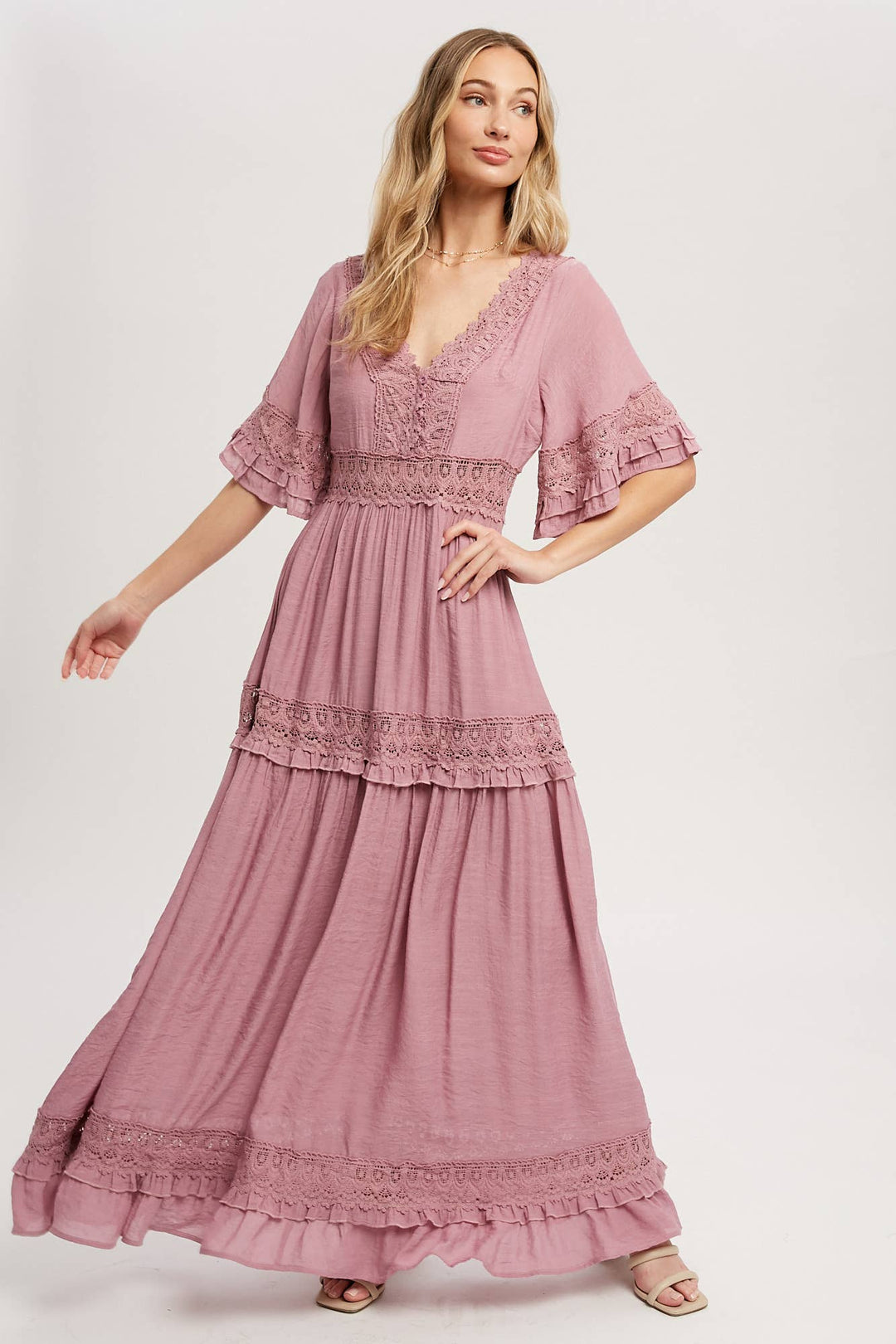 Boho V-neck Crochet Trim Maxi Dress - Boho Soho