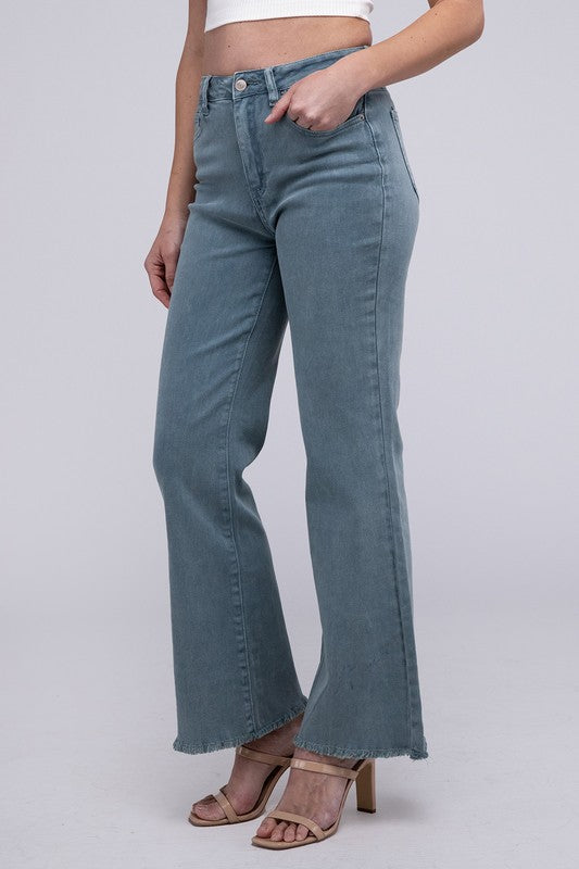 Zenana Acid Washed Frayed Cutoff Hem Straight Wide Jeans