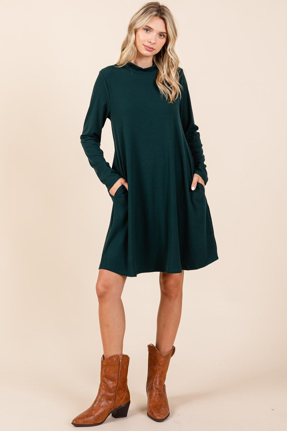 Mittoshop Mock Neck Long Sleeve Dress with Pockets