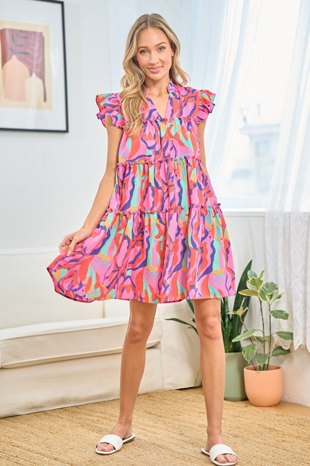 First Love Printed Ruffle Cap Sleeve Tiered Dress