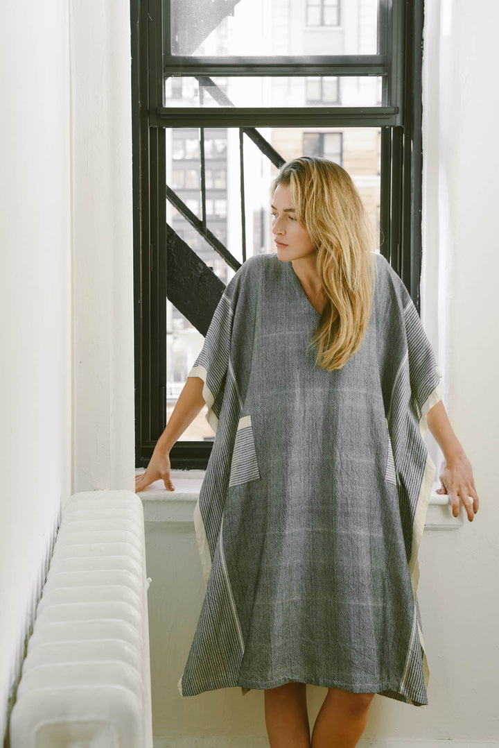 Home & Loft Turkish Cotton Grey Stripe Tribeca V-Neck Kaftan