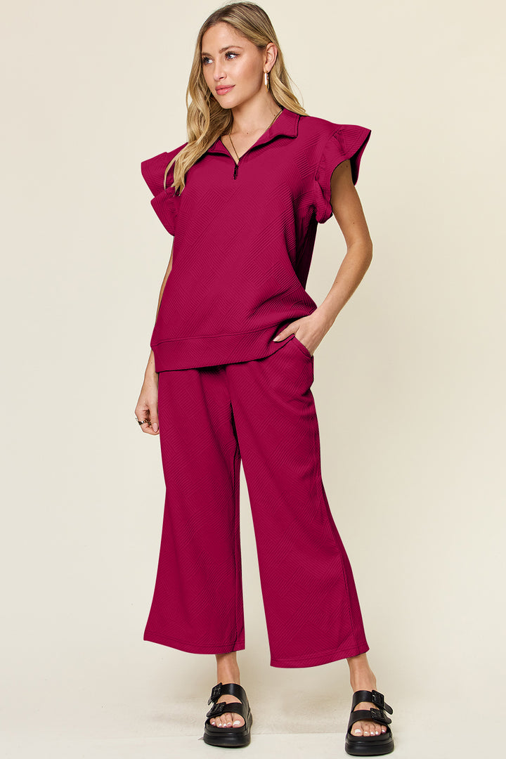 Double Take Texture Ruffle Sleeve Top and Drawstring Wide Leg Pants Set