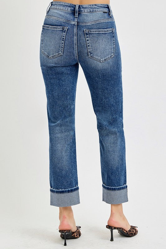 RISEN High Rise Crop Straight Roll Up Jeans