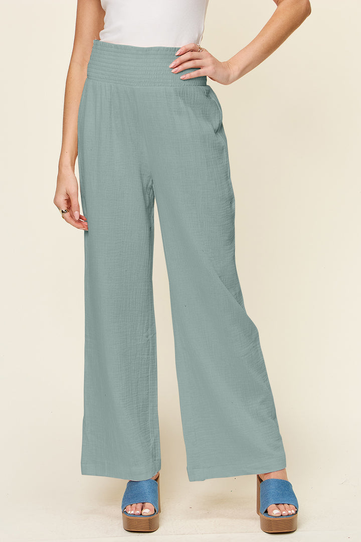 Double Take Texture Smocked Waist Wide Leg Pants