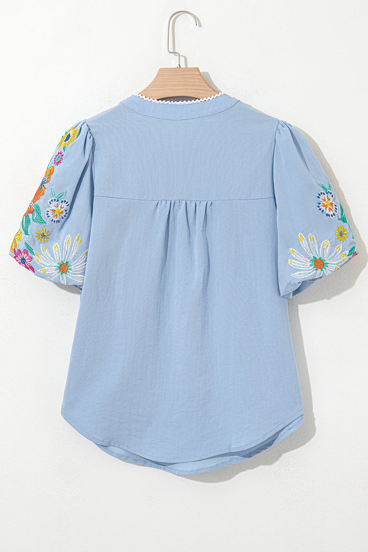 Beau Blue Floral Embroidered Puff Sleeve Split Neck Blouse