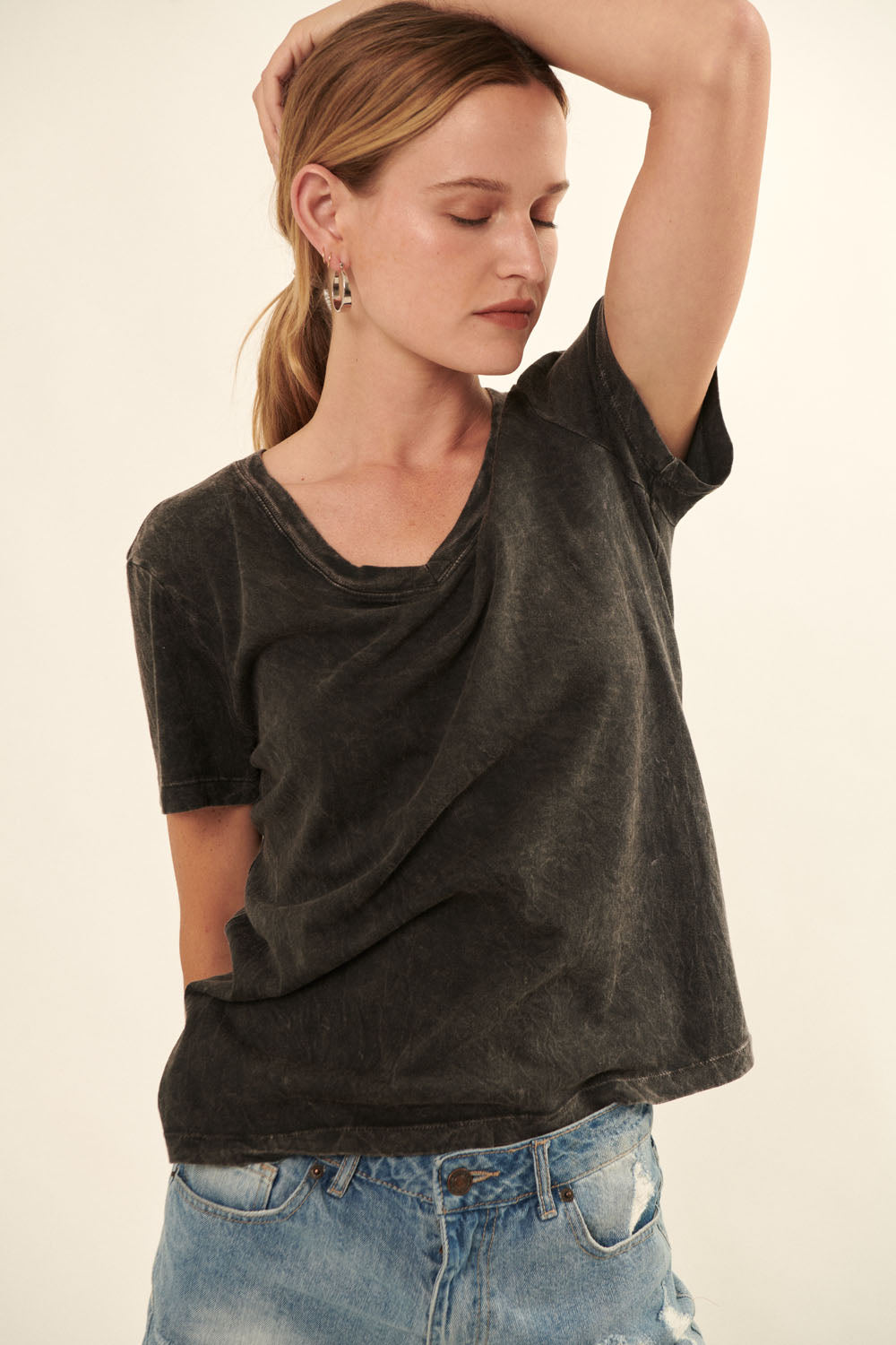 Mineral Washed V-Neck Solid Knit T-Shirt - Boho Soho