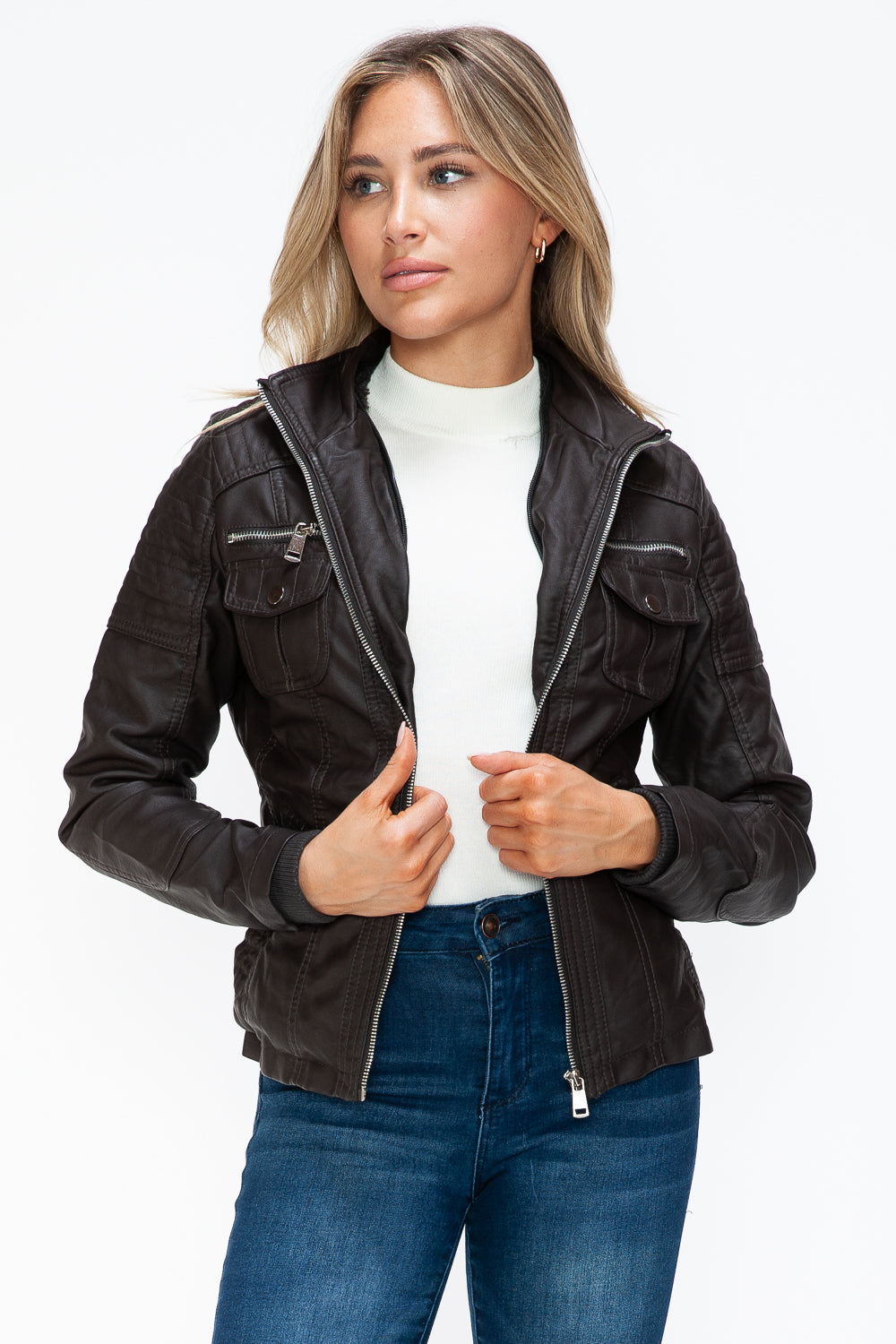 YMI Removable Faux Layered Multi-Pocket Faux Leather Jacket with Fuzzy Hood