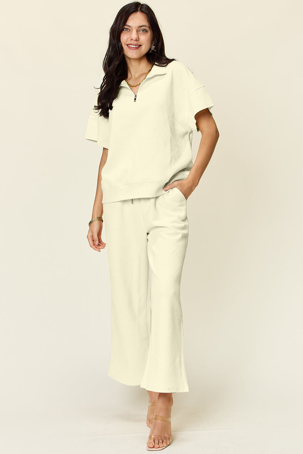 Double Take Texture Half Zip Short Sleeve Top and Pants Set