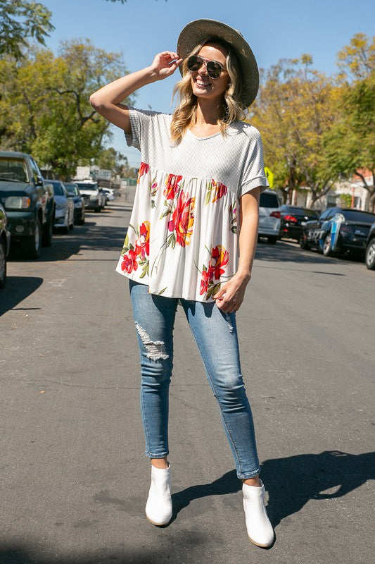 PLUS STRIPE FLORAL BABY DOLL TOP