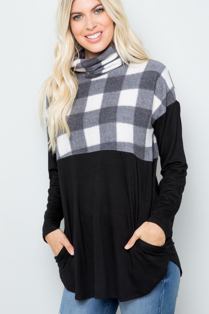 Celeste Plaid Turtleneck Long Sleeve Blouse