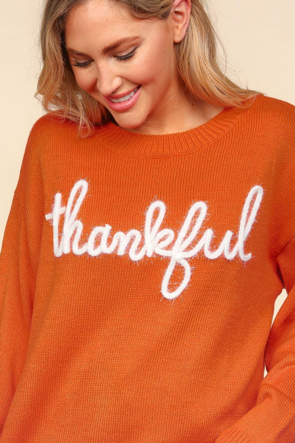 Haptics Thankful Metallic Glitter Embroidered Thanksgiving Sweater