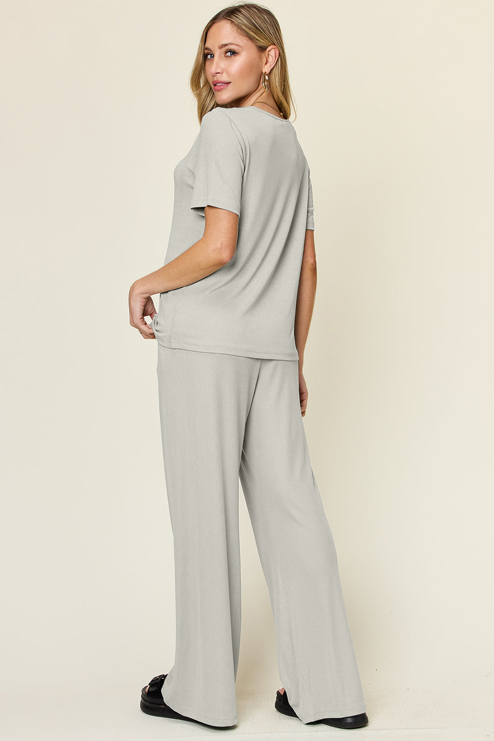 Double Take Round Neck Short Sleeve T-Shirt and Wide Leg Pants Set