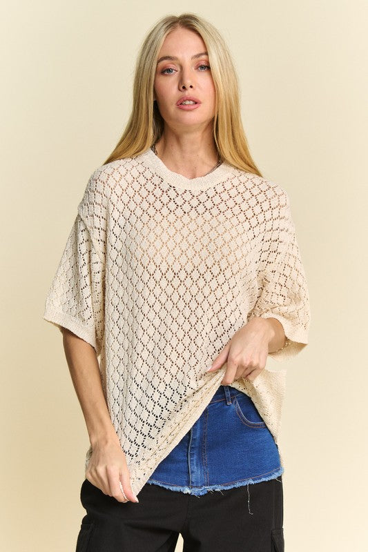 Davi & Dani Side Slit Openwork Round Neck Half Sleeve Knit Top