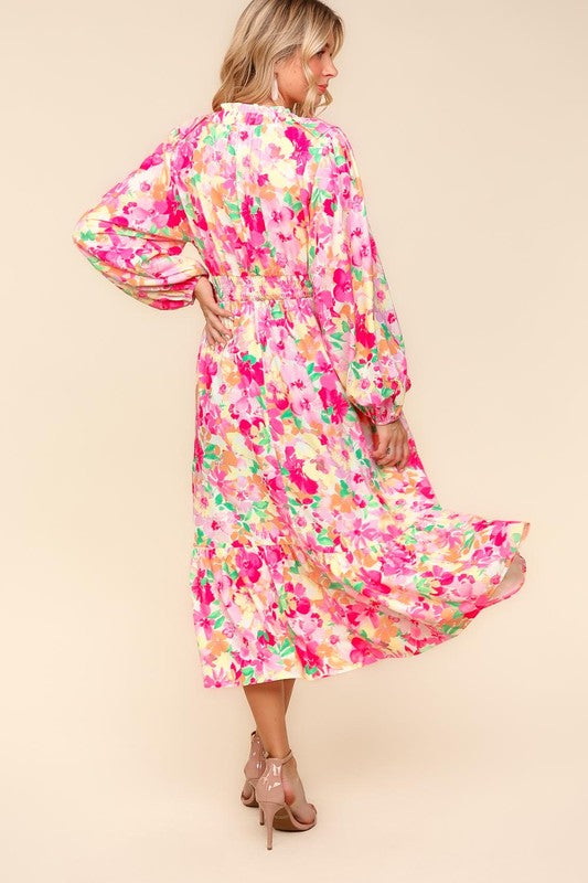 Haptics Floral Surplice Balloon Sleeve Dress with Side Pockets