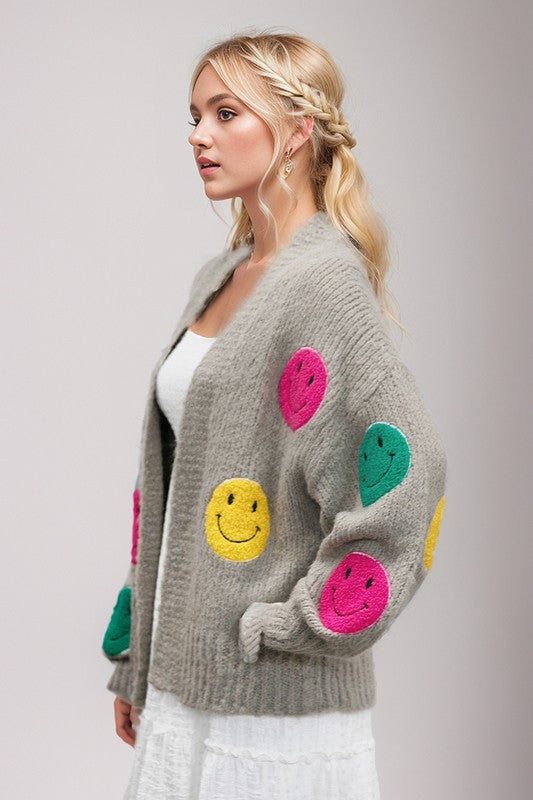 Davi & Dani Fuzzy Smile Long Bell Sleeve Knit Cardigan