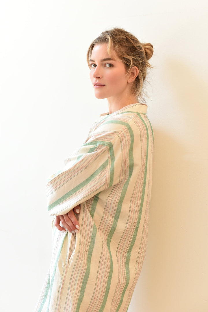 Home & Loft Turkish Cotton Green Ivory Montauk Long Sleeve Maxi Kaftan