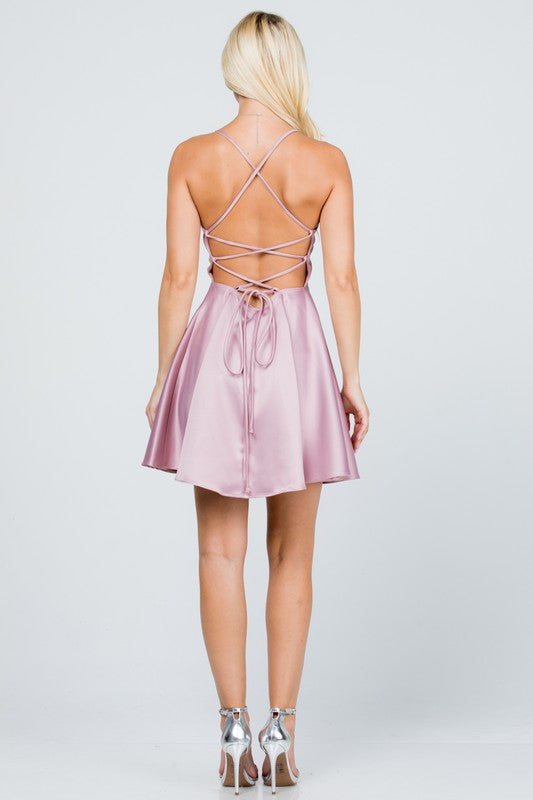 La Scala Satiny Lace-Up Back Skater Dress