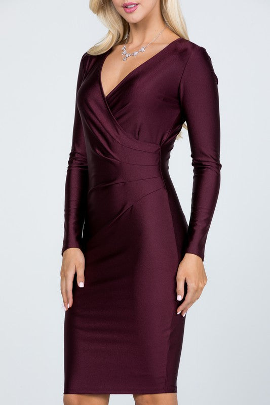 La Scala Long Sleeve Shiny Surplice Cocktail Dress