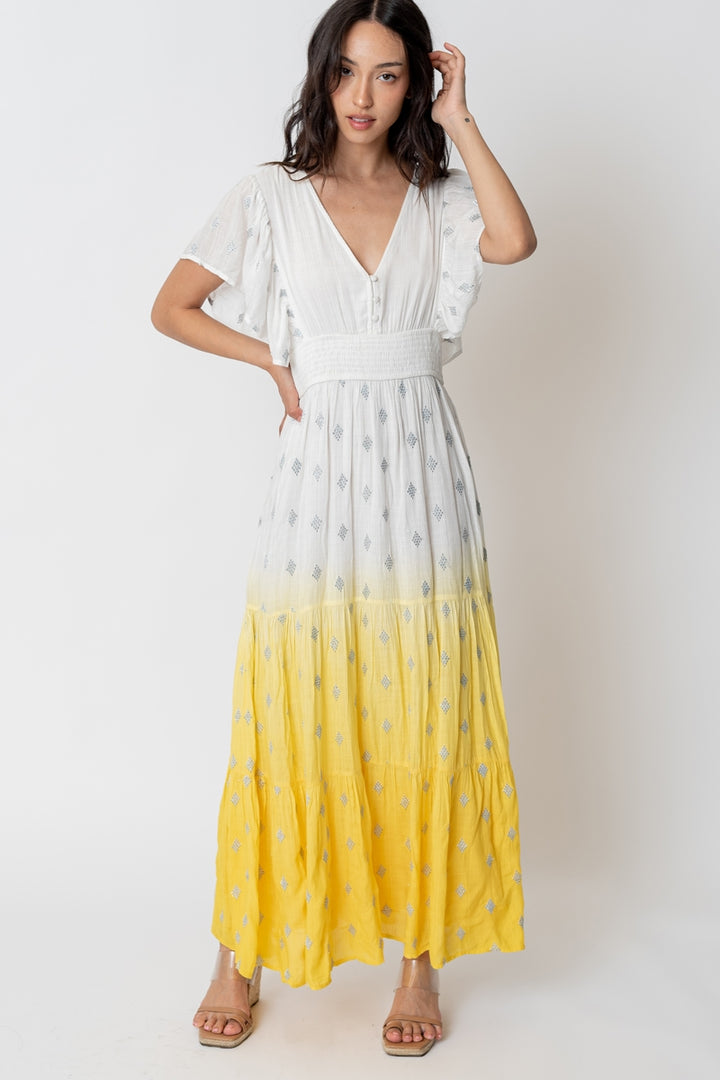En Crème Flutter Sleeve Dip Dye Maxi Dress