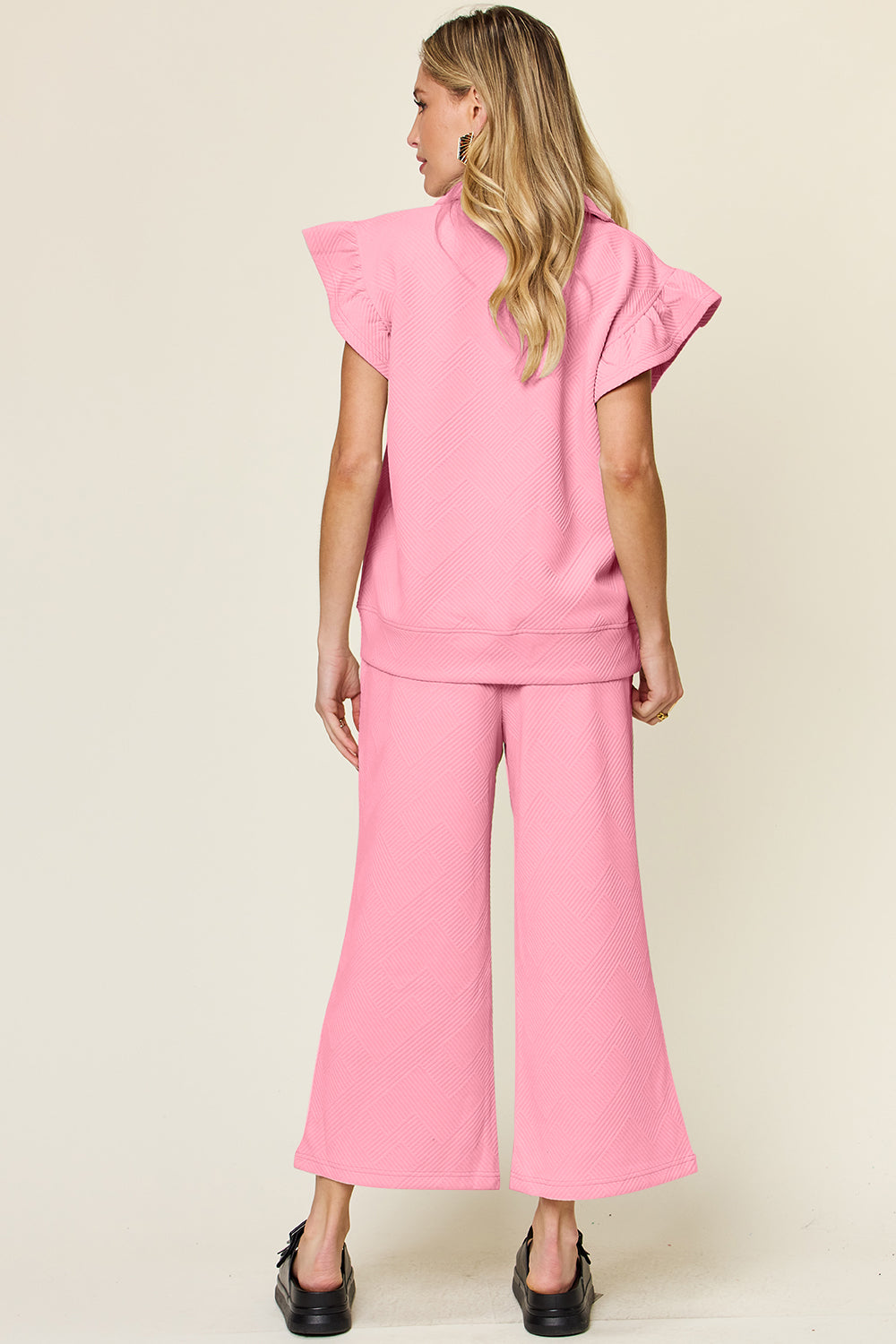 Double Take Texture Ruffle Sleeve Top and Drawstring Wide Leg Pants Set