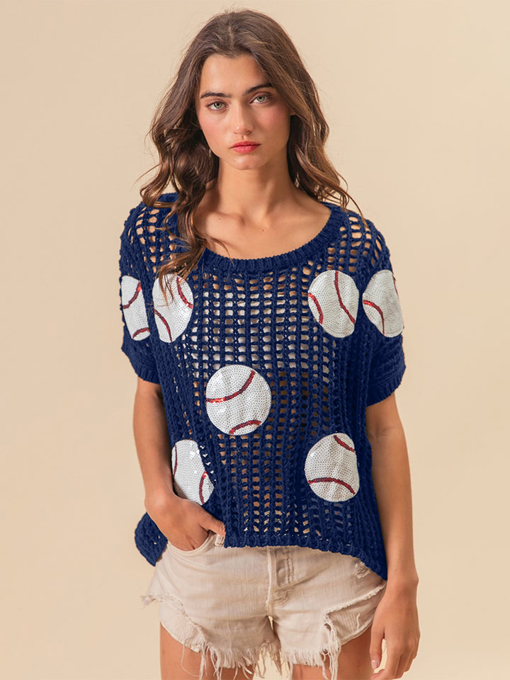 BiBi Sequin Baseball Patch Short Sleeve Open Knit Top