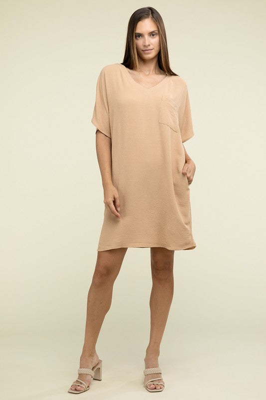 Zenana Woven Airflow V Neck T-Shirt Dress with Pockets