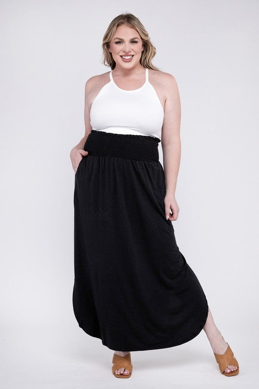 Zenana Plus Smocked Waist Side Slit Maxi Skirt w/ Pockets