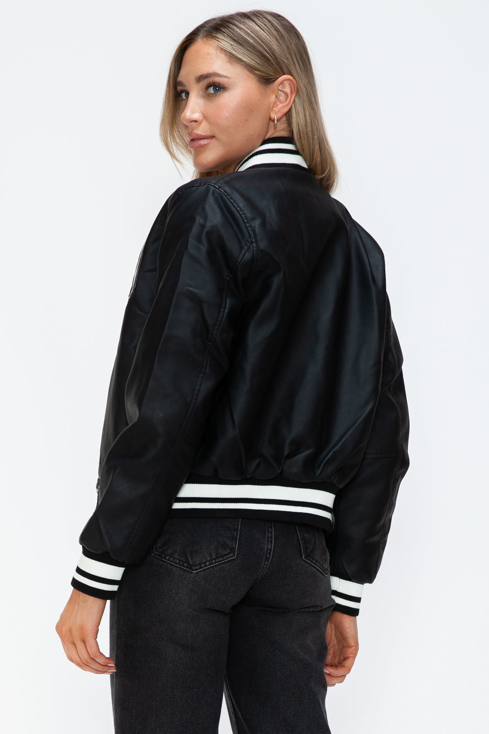 Love Me Now PU Leather Contrast Snap Down Bomber Jacket - Boho Soho
